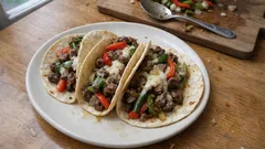 Tacos de alambre en una sola sartén: res jugosa, pimientos y queso fundido