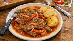 Bisteces a la portuguesa: jugosos, con pimientos y papas en una sola sartén