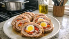 Arrollado de malaya jugoso: relleno de verduras y huevo, perfecto para rebanar