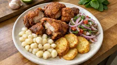 Así queda el chicharrón con mote estilo Cusco: crujiente, con papitas y sarsa fresca
