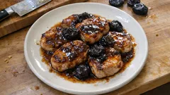 Carré de cerdo con ciruelas: medallones dorados y salsa agridulce fácil en sartén