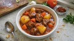 Estofado de carne chileno: guiso casero de res con papas y zanahoria, bien espeso